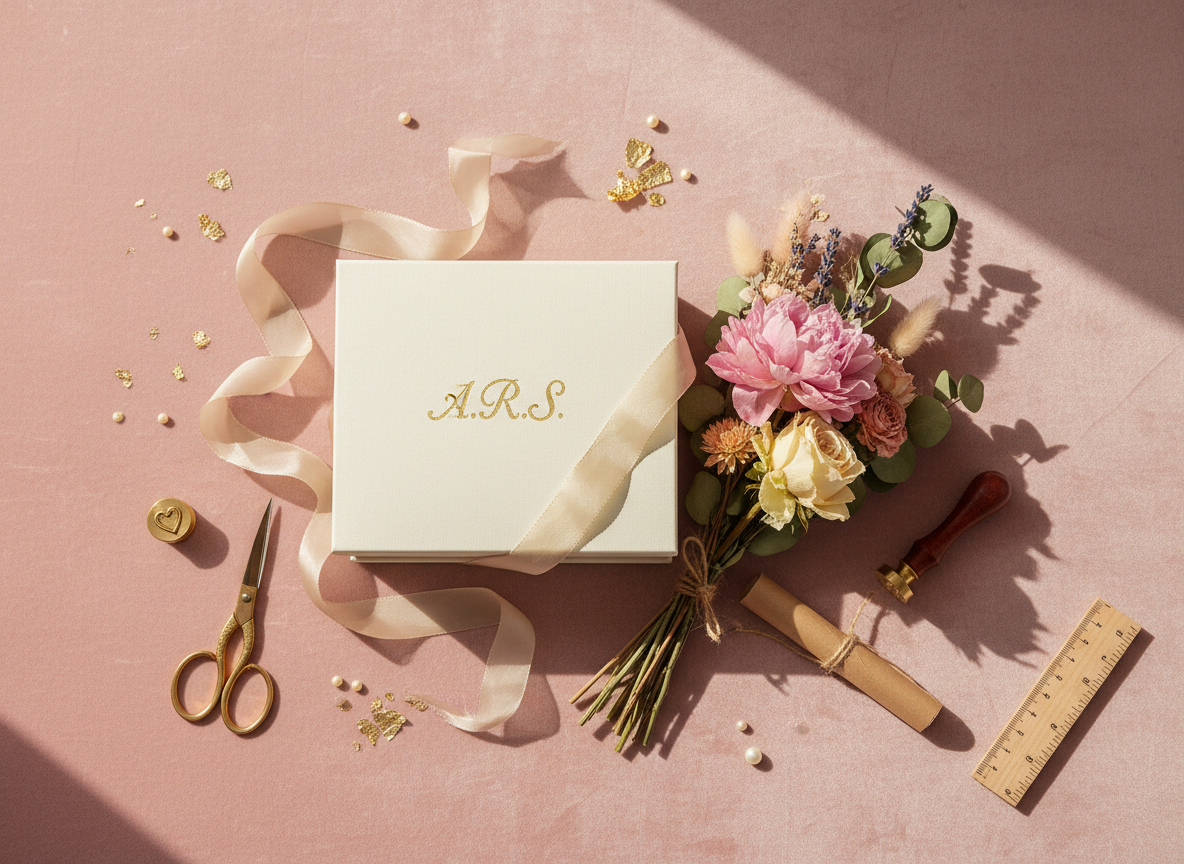 Handcrafted personalised gifts arranged on a blush pink surface with gold ribbon and dried flowers