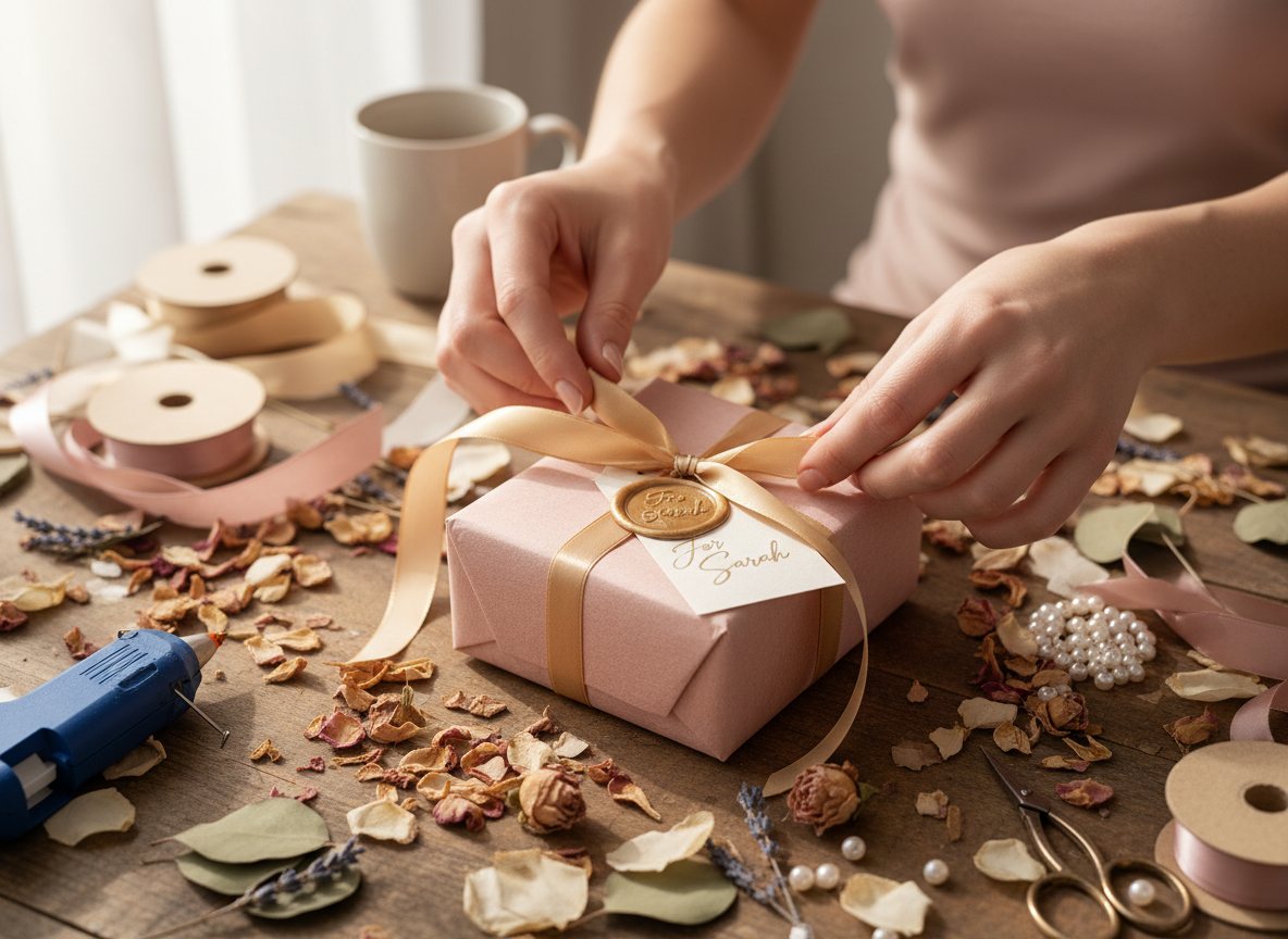 Hands tying a gold ribbon around a handcrafted personalised gift