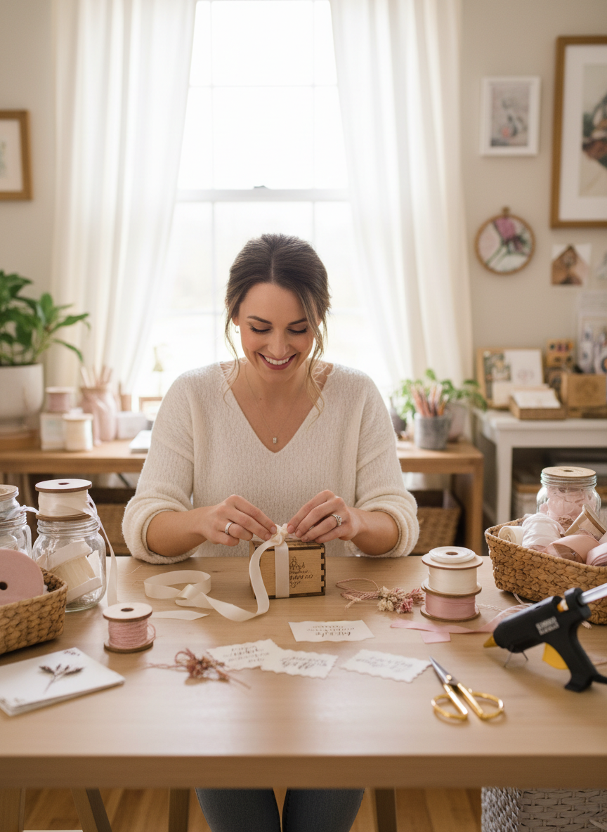 Portrait of Sharon crafting a personalised gift at her workbench