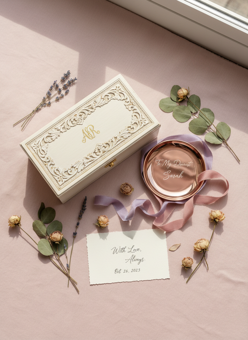 A styled flatlay of personalised handmade gifts on a soft blush background